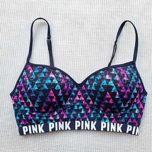 VS PINK logo bralette black lace multicolor print